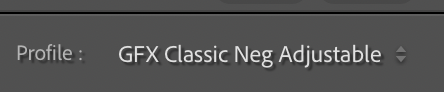 Lightroom Profile selector showing GFX Classic Neg Adjustable.